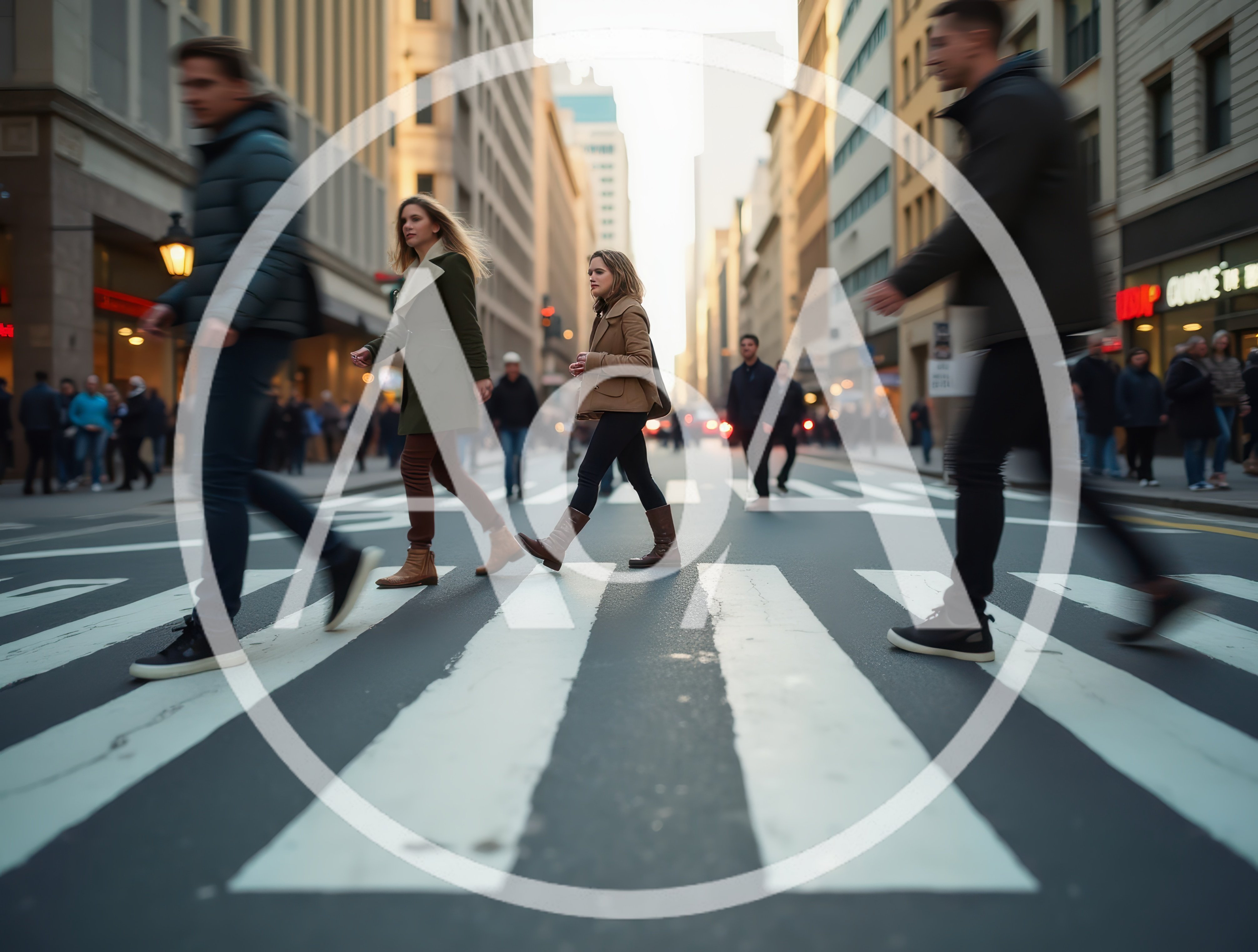 Pedestrians Crossing Busy City Street During Rush Hour
