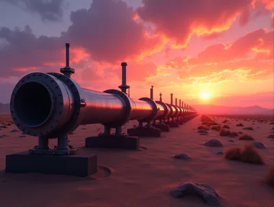 Industrial Pipeline Stretching Across Desert Landscape At Sunset