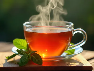 Steaming Cup Of Hot Mint Tea On Wooden Surface