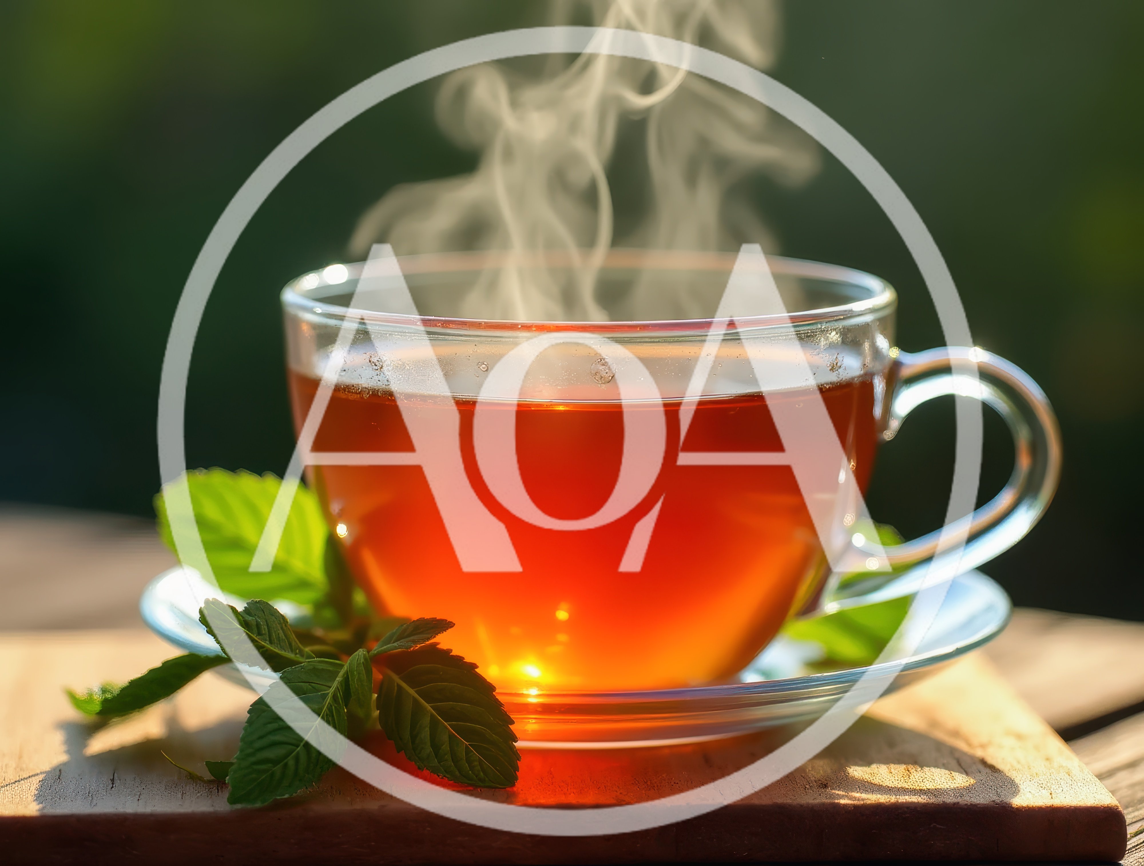 Steaming Cup Of Hot Mint Tea On Wooden Surface