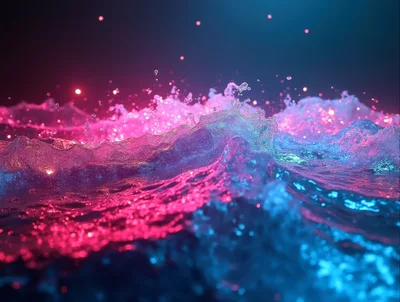 Abstract Neon Water Waves With Glowing Particles
