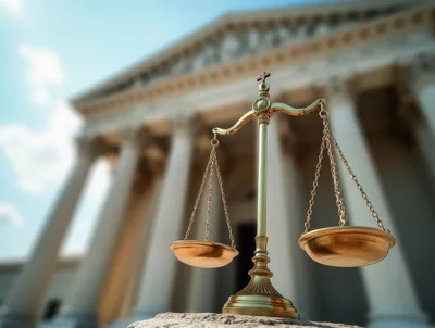 Golden Scales Of Justice Before A Courthouse