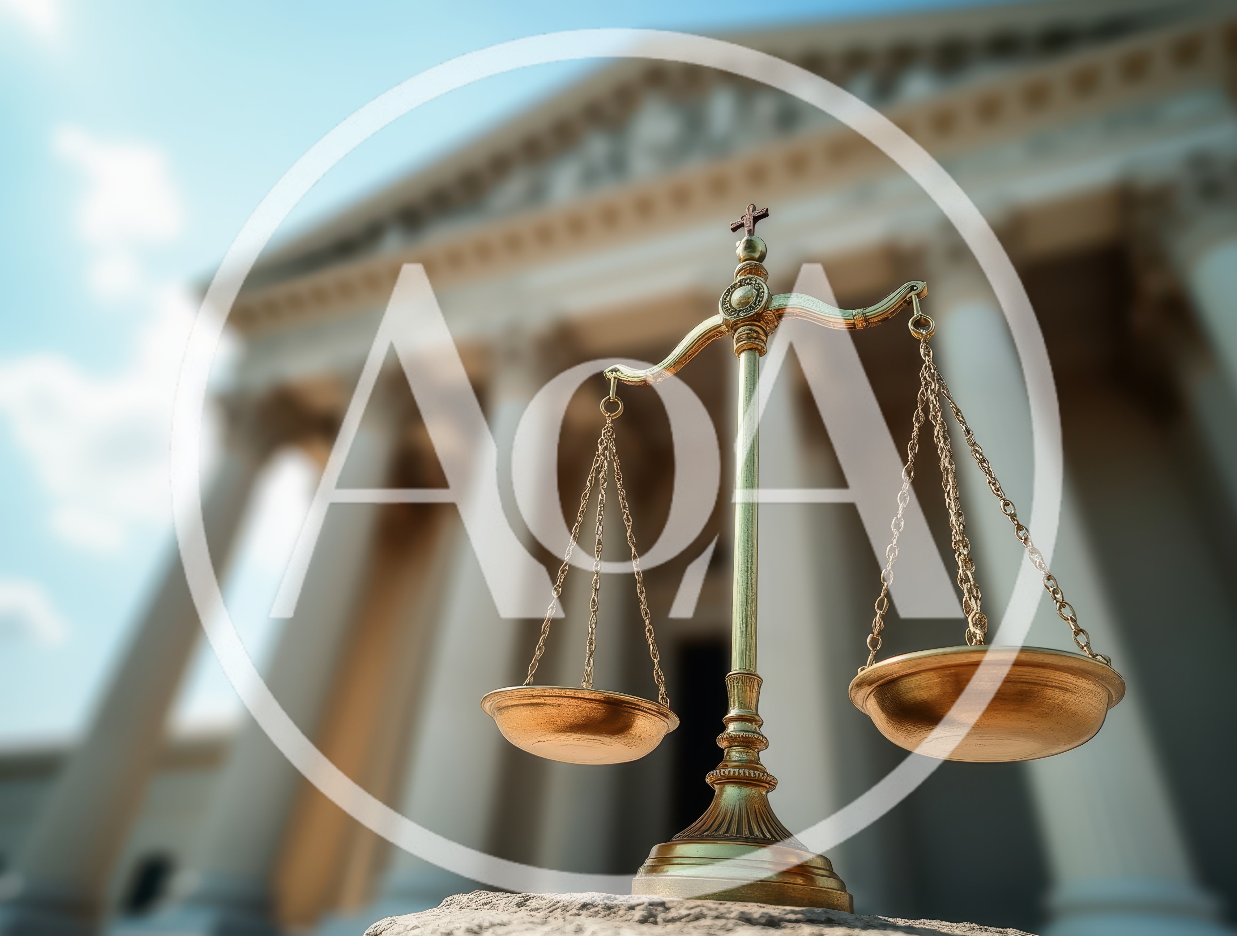 Golden Scales Of Justice Before A Courthouse
