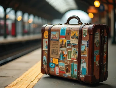 Vintage Travel Suitcase On A Train Station Platform