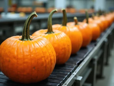 Pumpkins Moving Along An Industrial Conveyor Belt