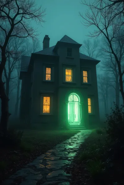 Eerie Haunted House With Glowing Green Doorway