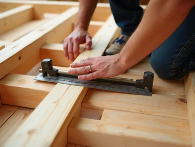 Carpenter Measuring Wooden Joists With A Precision Tool