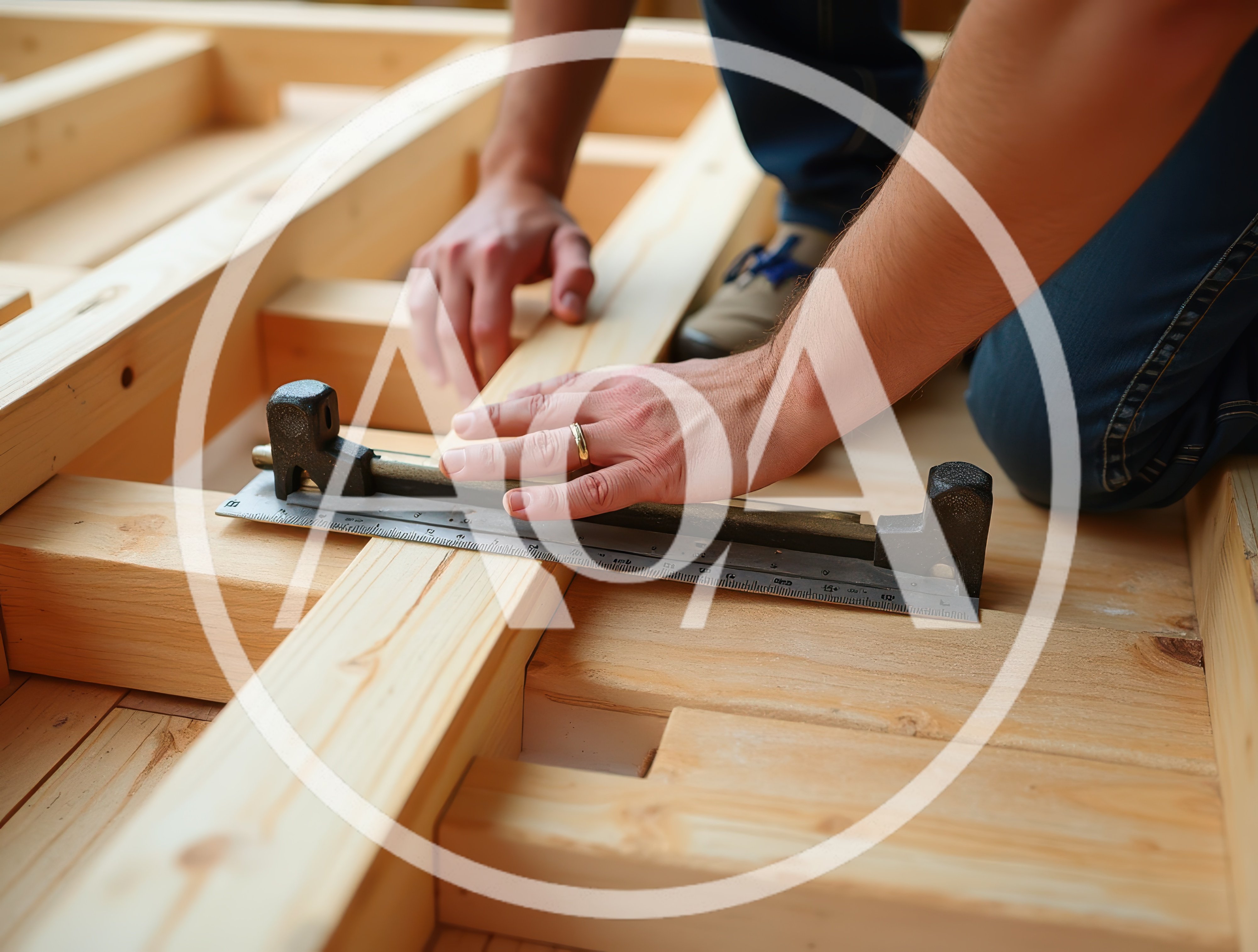 Carpenter Measuring Wooden Joists With A Precision Tool