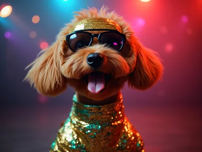 Cute Poodle Wearing Gold Sequins And Sunglasses