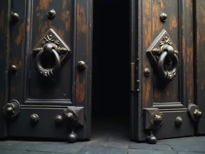 Ornate Dark Wooden Double Doors Slightly Ajar