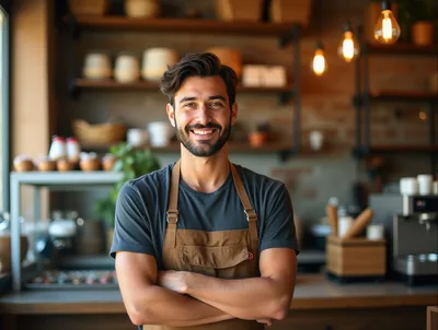 Smiling Male Barista Standing In A Coffee Shop