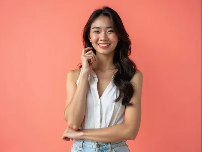 Smiling Young Asian Woman Posing Against Coral Background
