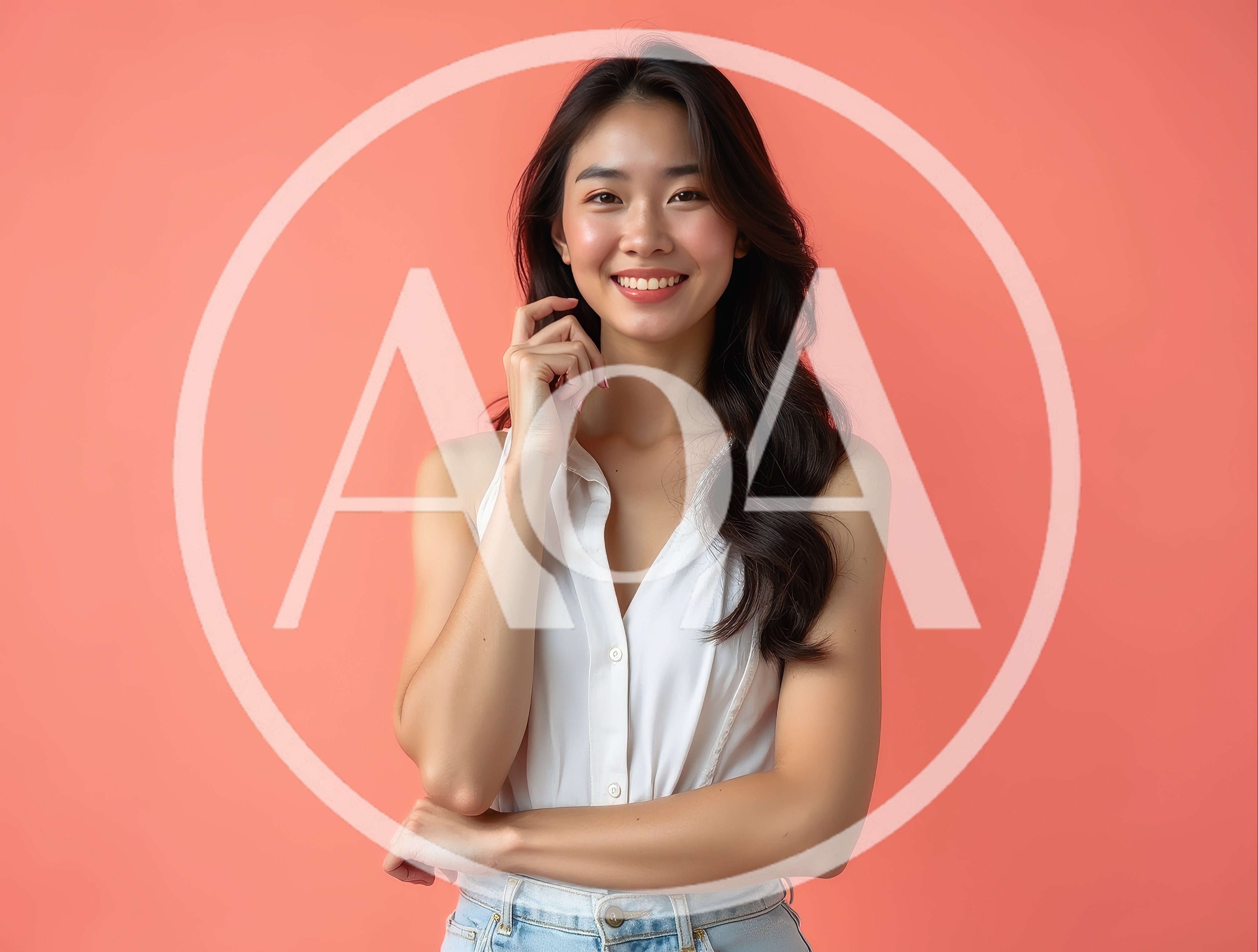 Smiling Young Asian Woman Posing Against Coral Background