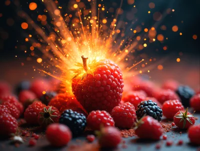 Exploding Raspberry With Glowing Sparks And Berry Background