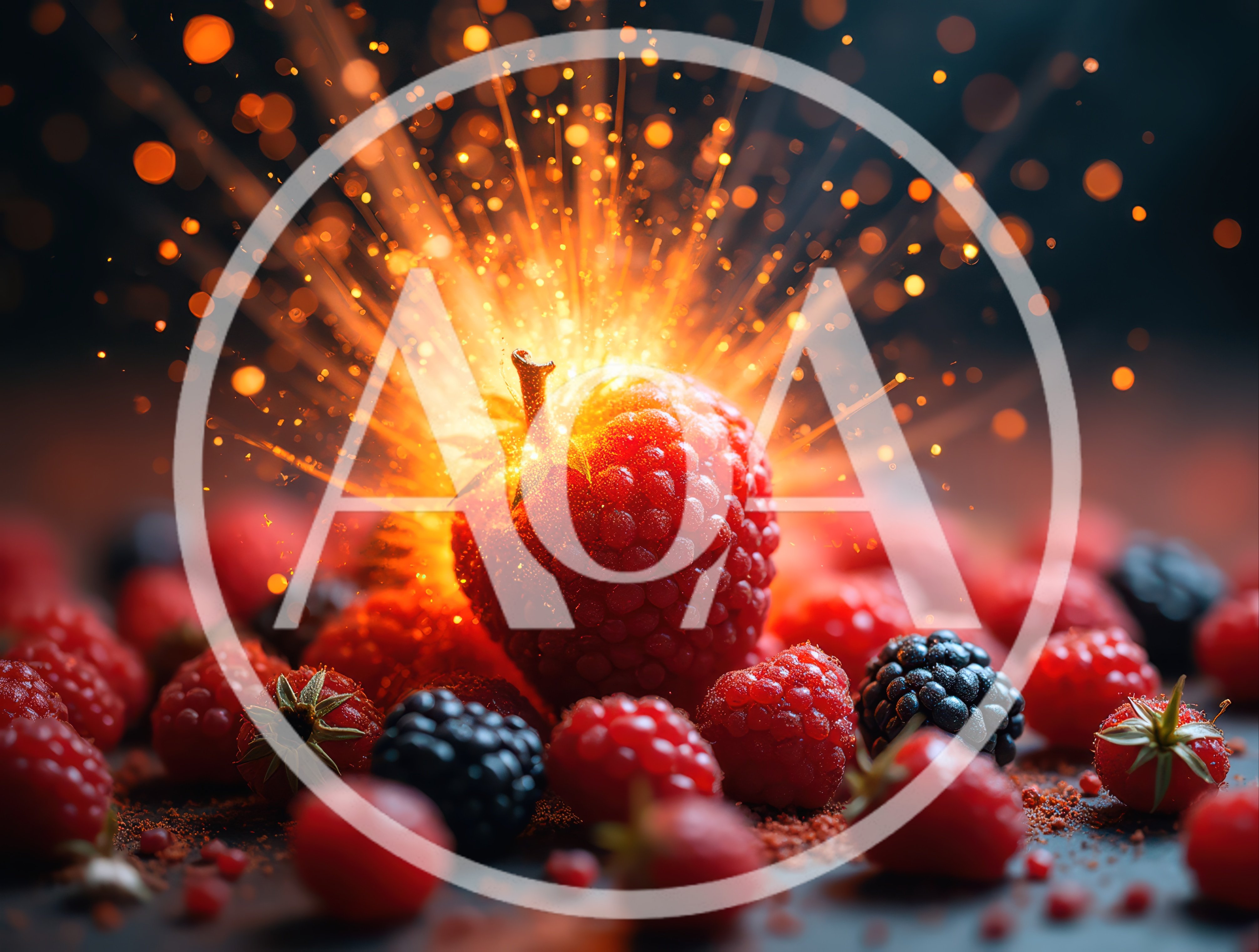 Exploding Raspberry With Glowing Sparks And Berry Background