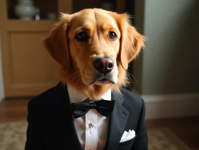 Golden Retriever Dog Wearing A Formal Tuxedo