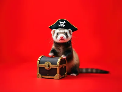 Cute Ferret Wearing Pirate Hat With Treasure Chest