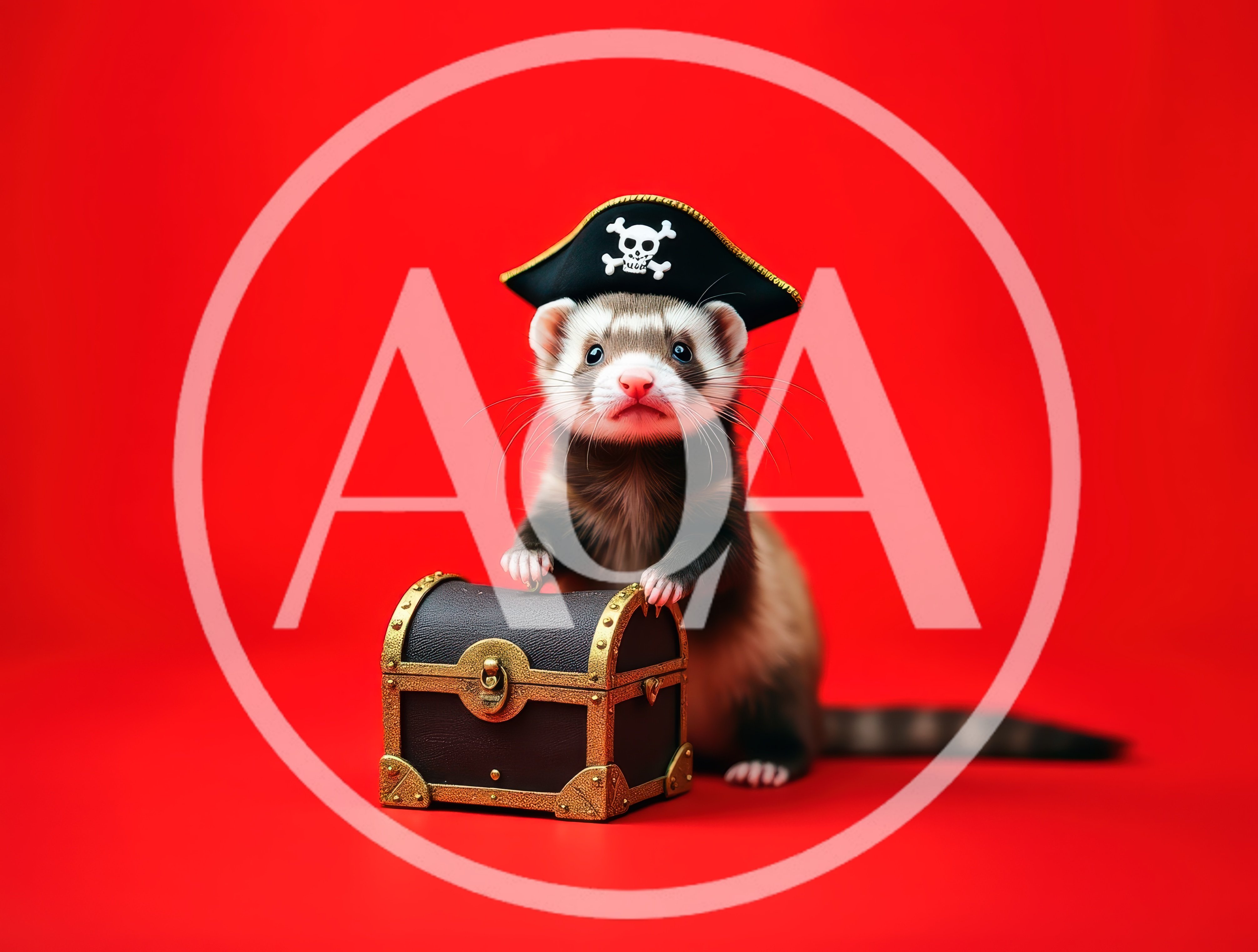 Cute Ferret Wearing Pirate Hat With Treasure Chest