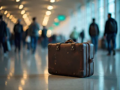 Vintage Leather Suitcase Left Alone In Busy Airport Terminal
