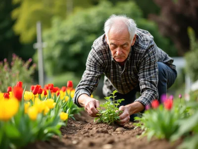 Senior Man Gardening In A Vibrant Flower Bed