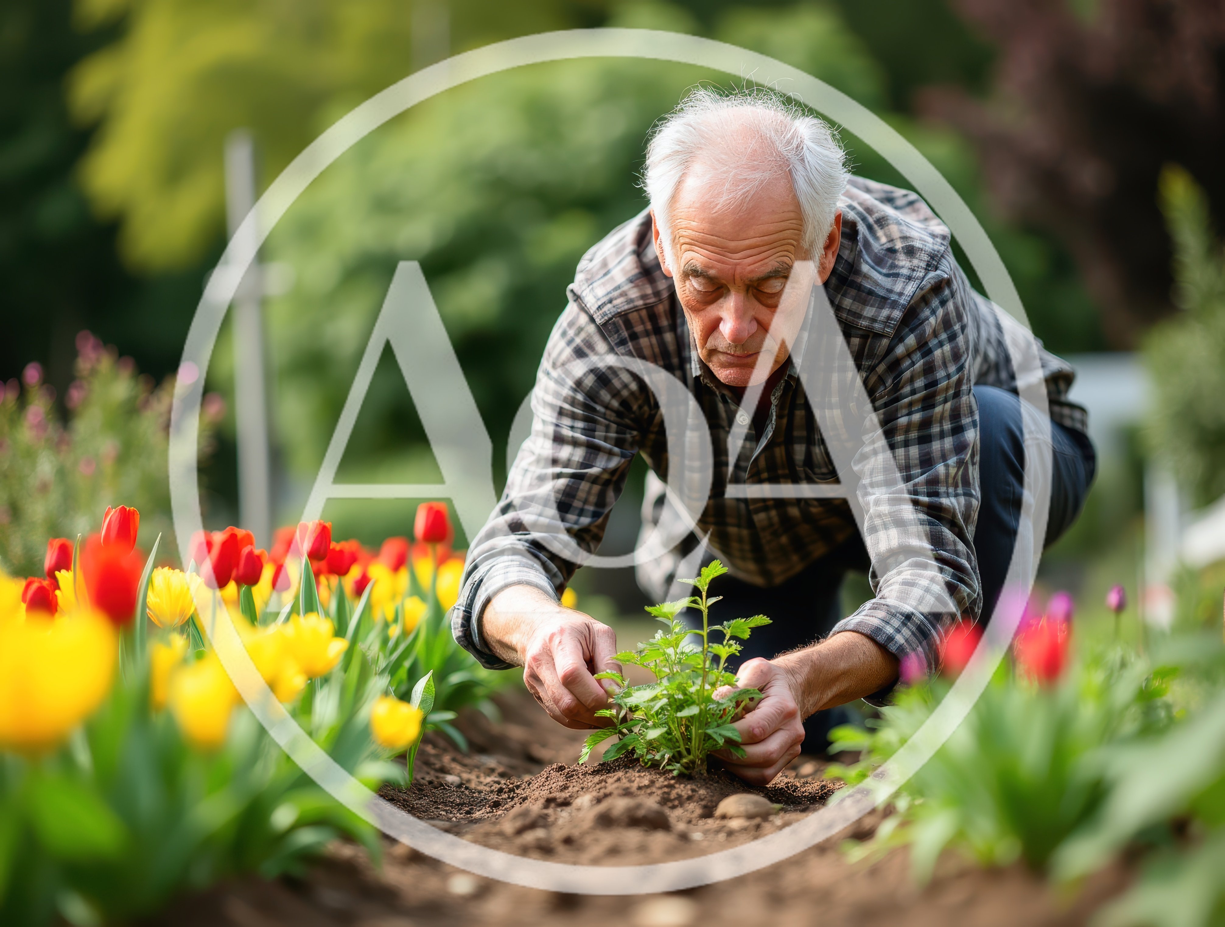 Senior Man Gardening In A Vibrant Flower Bed