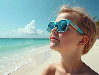 Young Child Wearing Sunglasses Enjoying A Sunny Beach Day