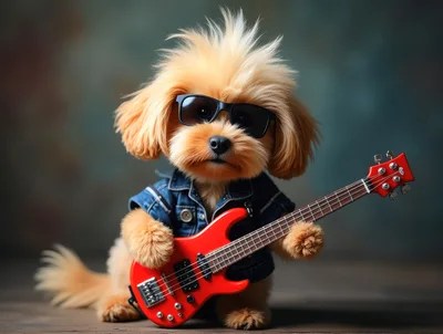Cool Puppy Wearing Sunglasses Playing A Red Electric Guitar