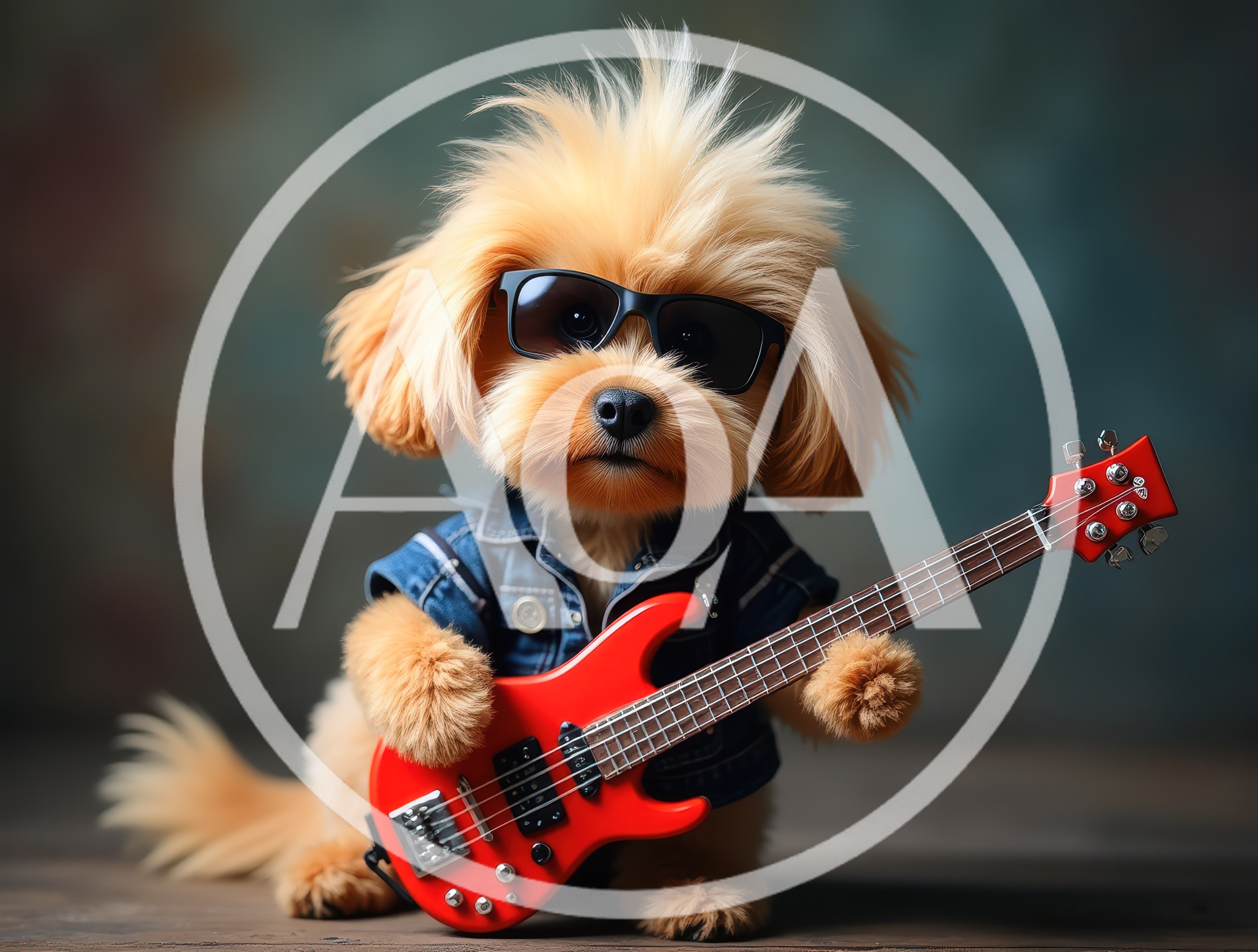 Cool Puppy Wearing Sunglasses Playing A Red Electric Guitar