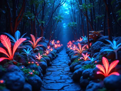 Bioluminescent Plants Along A Stone Path In Dark Forest