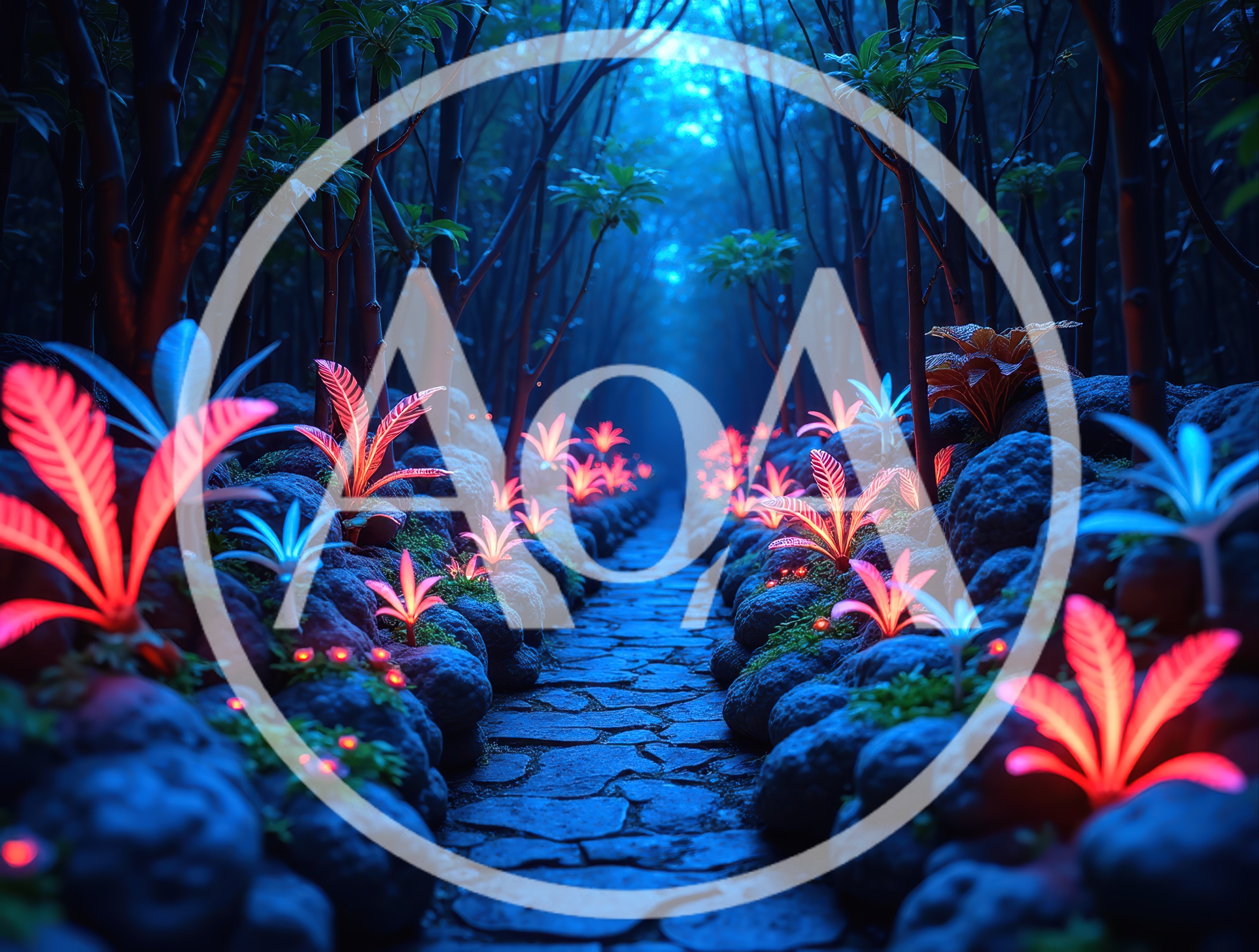 Bioluminescent Plants Along A Stone Path In Dark Forest