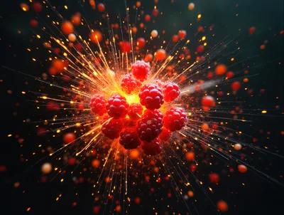 Exploding Raspberries With Glowing Sparks And Particles
