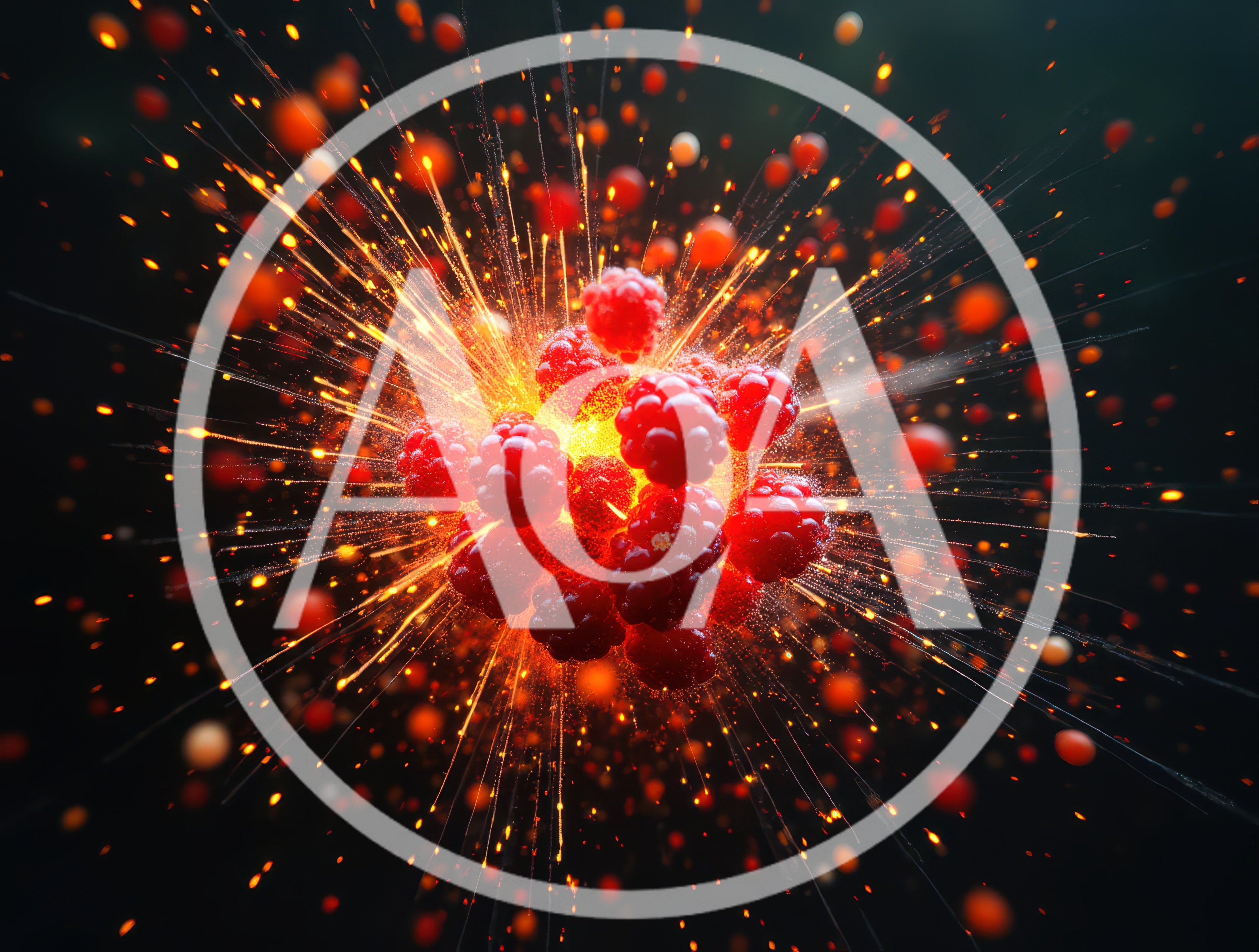 Exploding Raspberries With Glowing Sparks And Particles