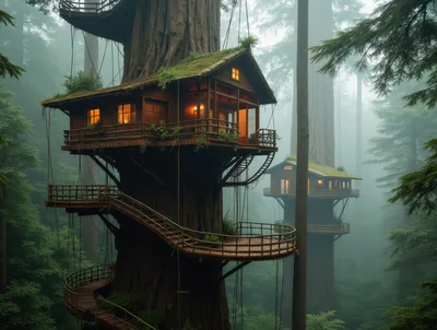 Cozy Treehouse Cabins Nestled In Misty Redwood Forest