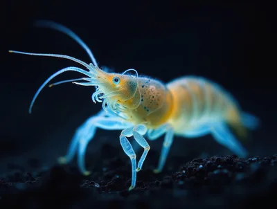 Macro Shot Of A Translucent Blue And Yellow Shrimp