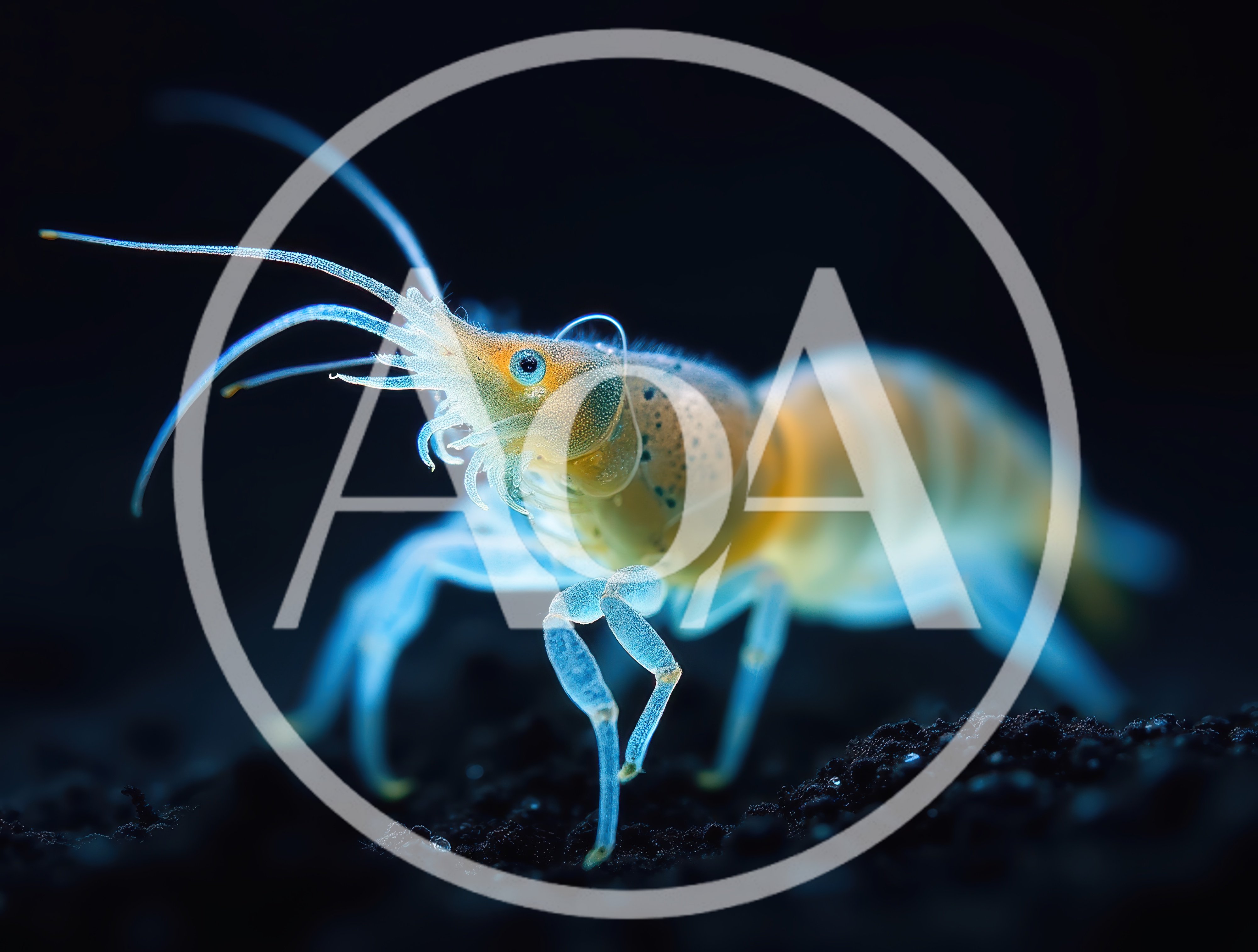Macro Shot Of A Translucent Blue And Yellow Shrimp