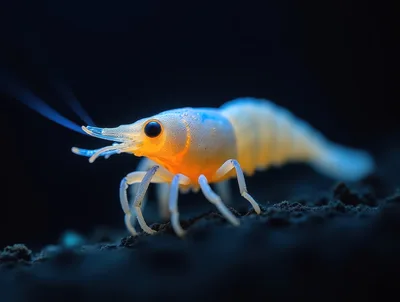 Bioluminescent Shrimp Crawling on Dark Underwater Seabed