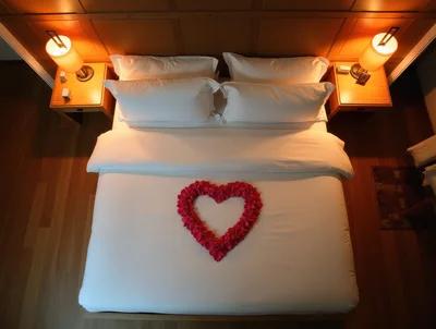 Romantic Bed Decorated With Red Rose Petal Heart