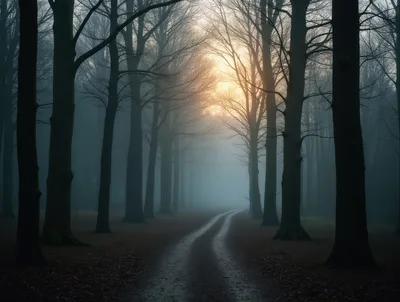 Misty Forest Path At Sunset
