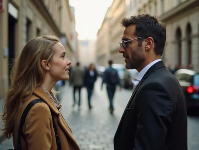 Professional Man and Woman Conversing on City Street