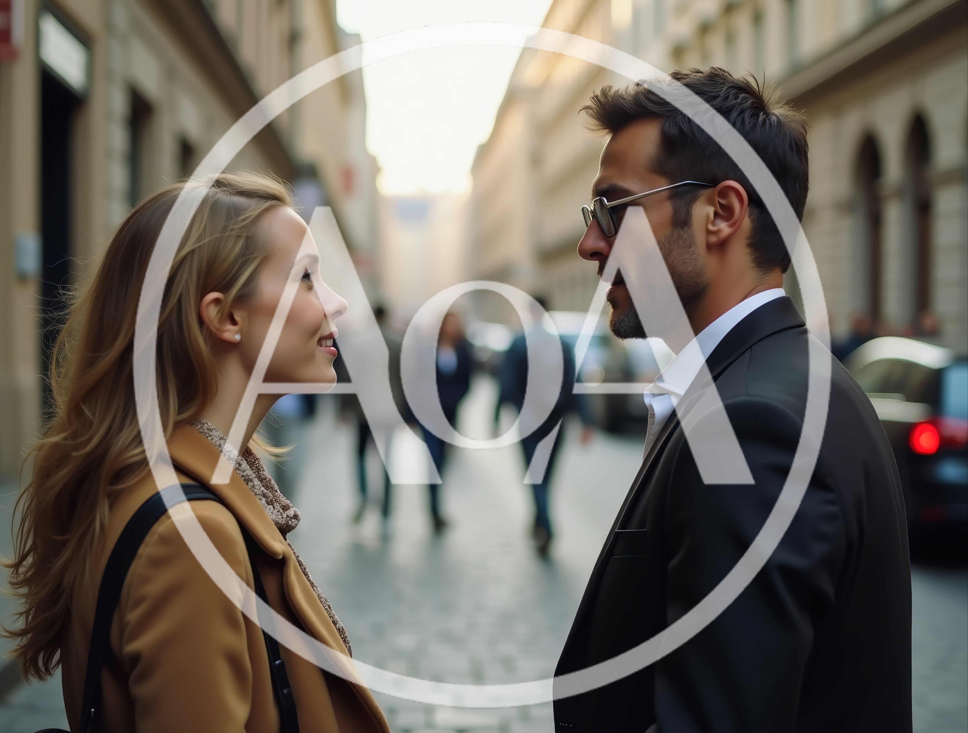 Professional Man and Woman Conversing on City Street