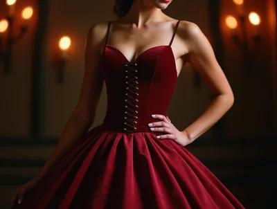 Elegant Woman in Red Velvet Corset Ball Gown