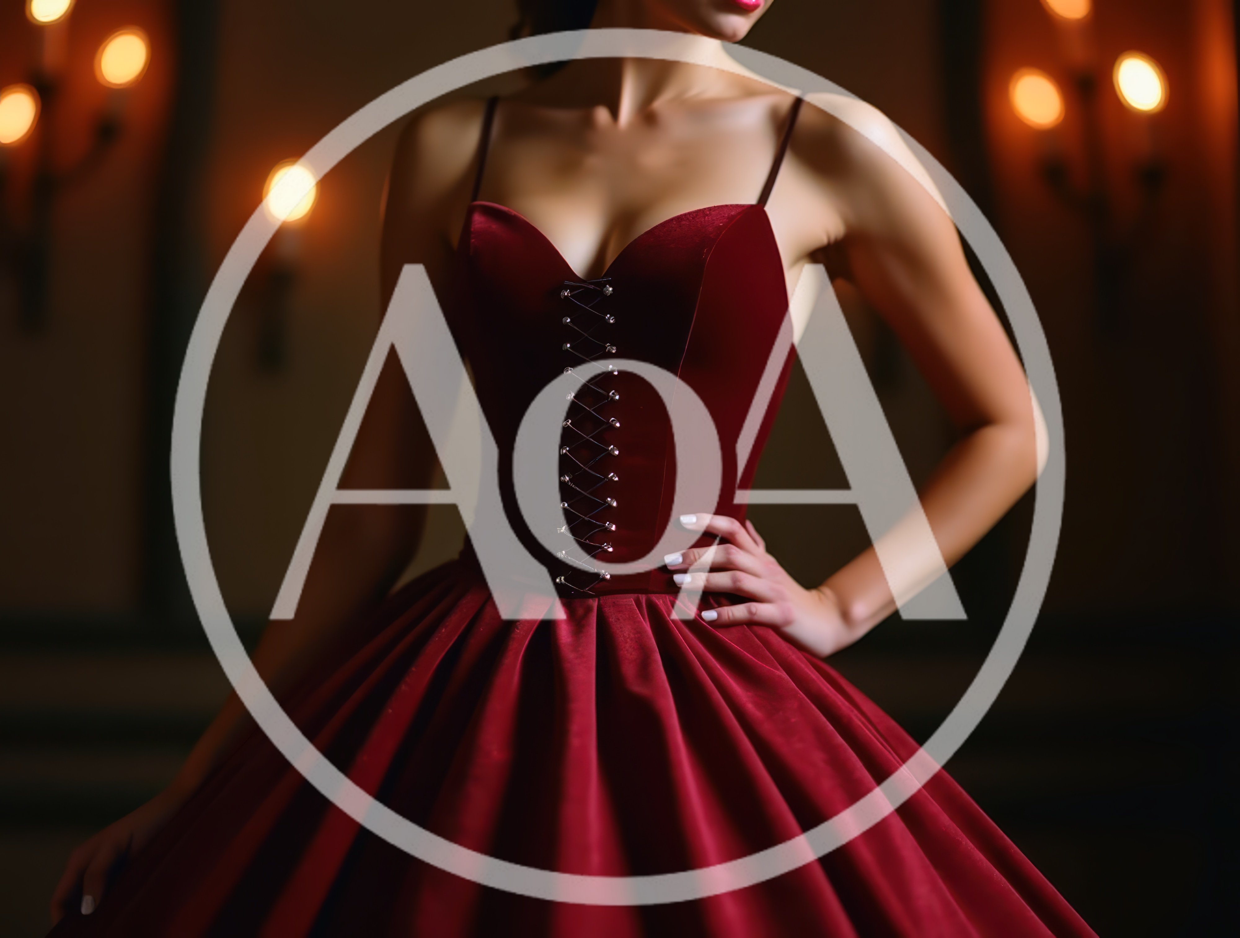 Elegant Woman in Red Velvet Corset Ball Gown