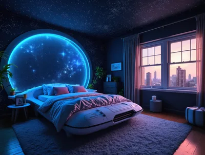 Futuristic Bedroom With Glowing Circular Starry Wall Art