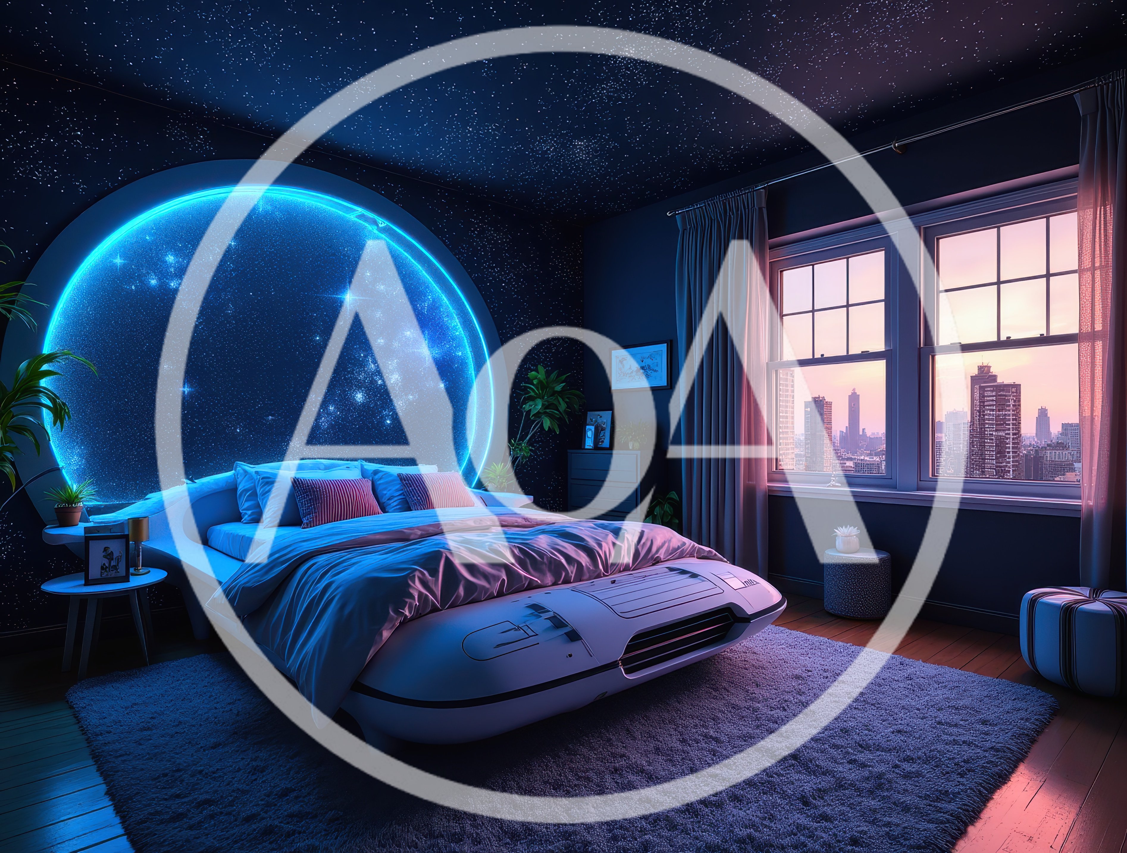 Futuristic Bedroom With Glowing Circular Starry Wall Art