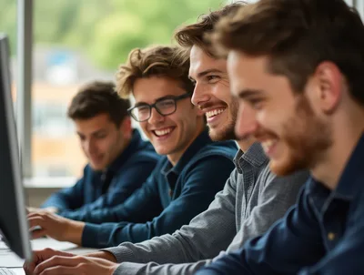 Young Men Working Together on Computers in Office