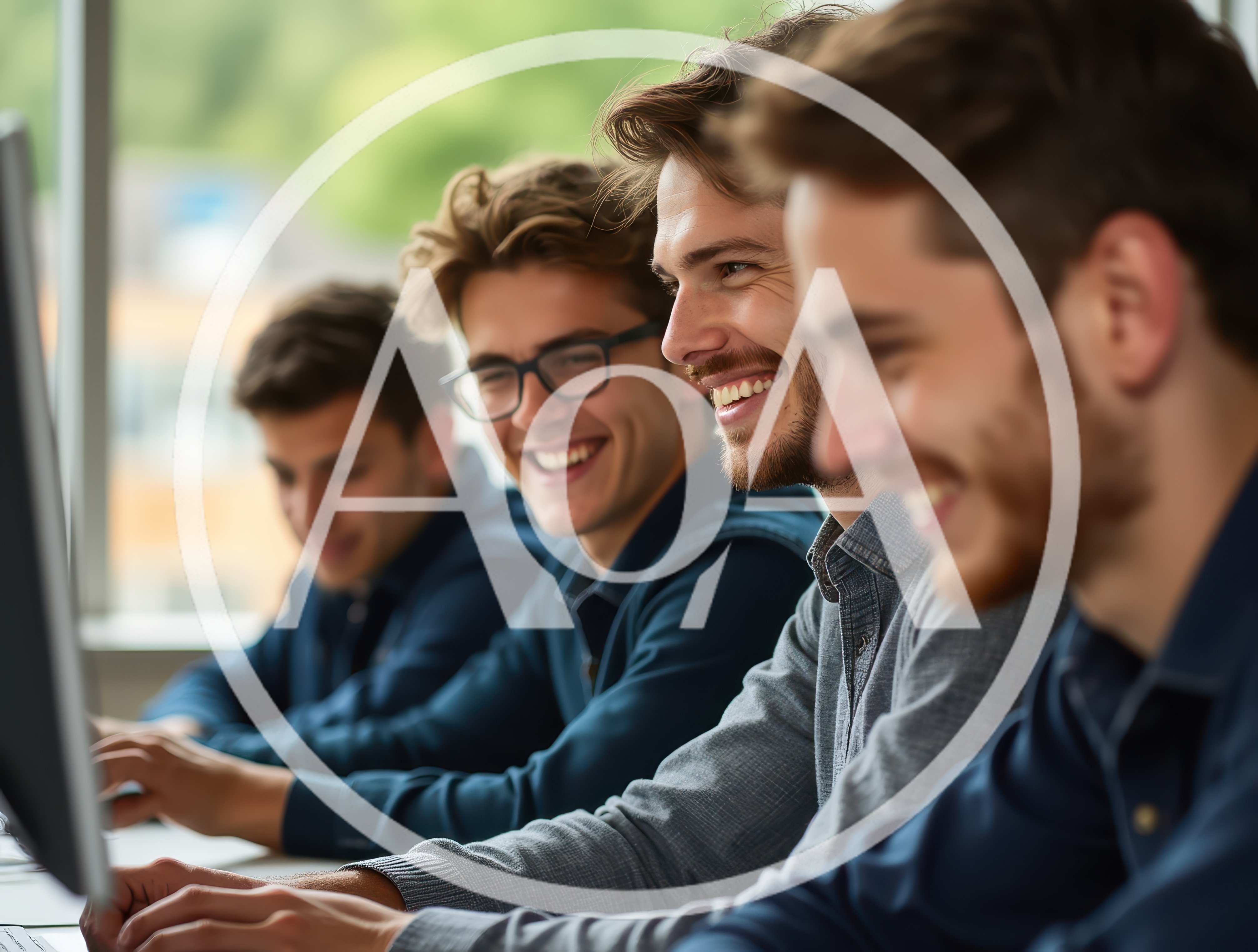 Young Men Working Together on Computers in Office