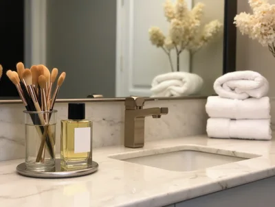 Modern Bathroom Vanity With Makeup Brushes And Perfume