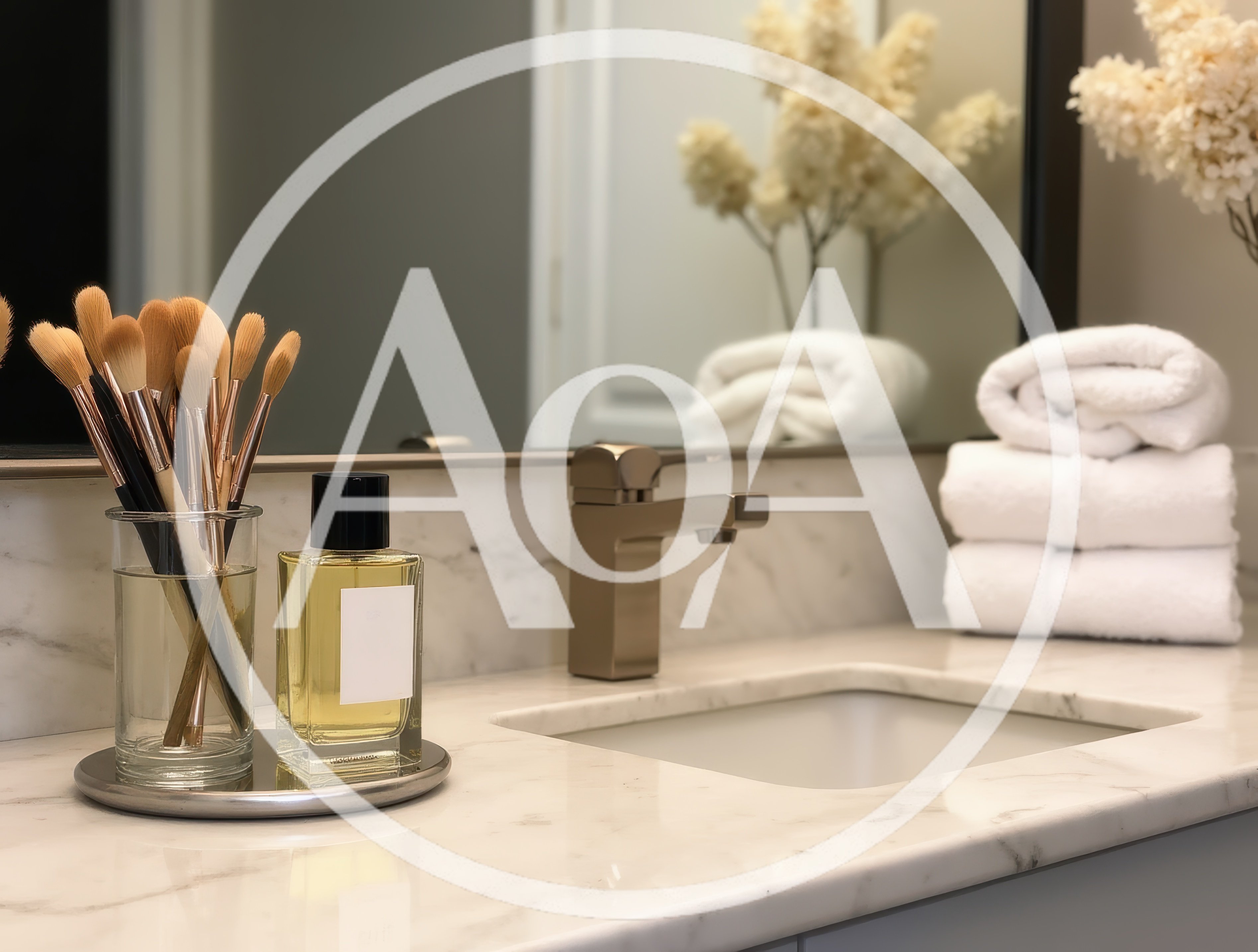 Modern Bathroom Vanity With Makeup Brushes And Perfume