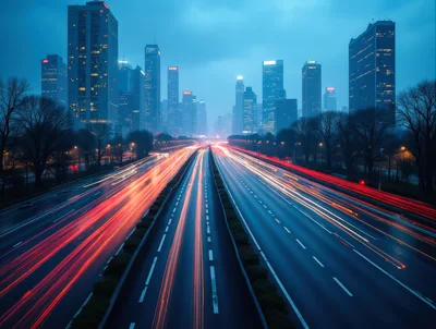 Long Exposure Traffic Trails on Urban Highway at Twilight