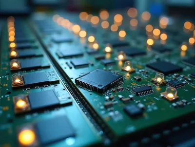 Close Up Of Electronic Circuit Boards With Glowing LEDs